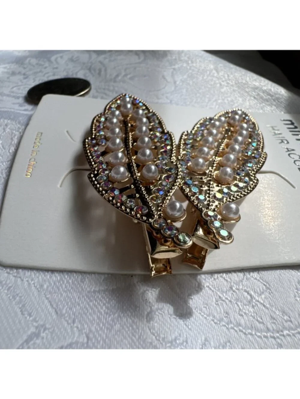 2 Gold Pearl Hair Clip Clamp Metal Alligator Claw Bling Crystal Rhinestone 2.5